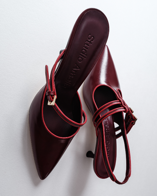 Pair of maroon shoes with red straps on a light gray background