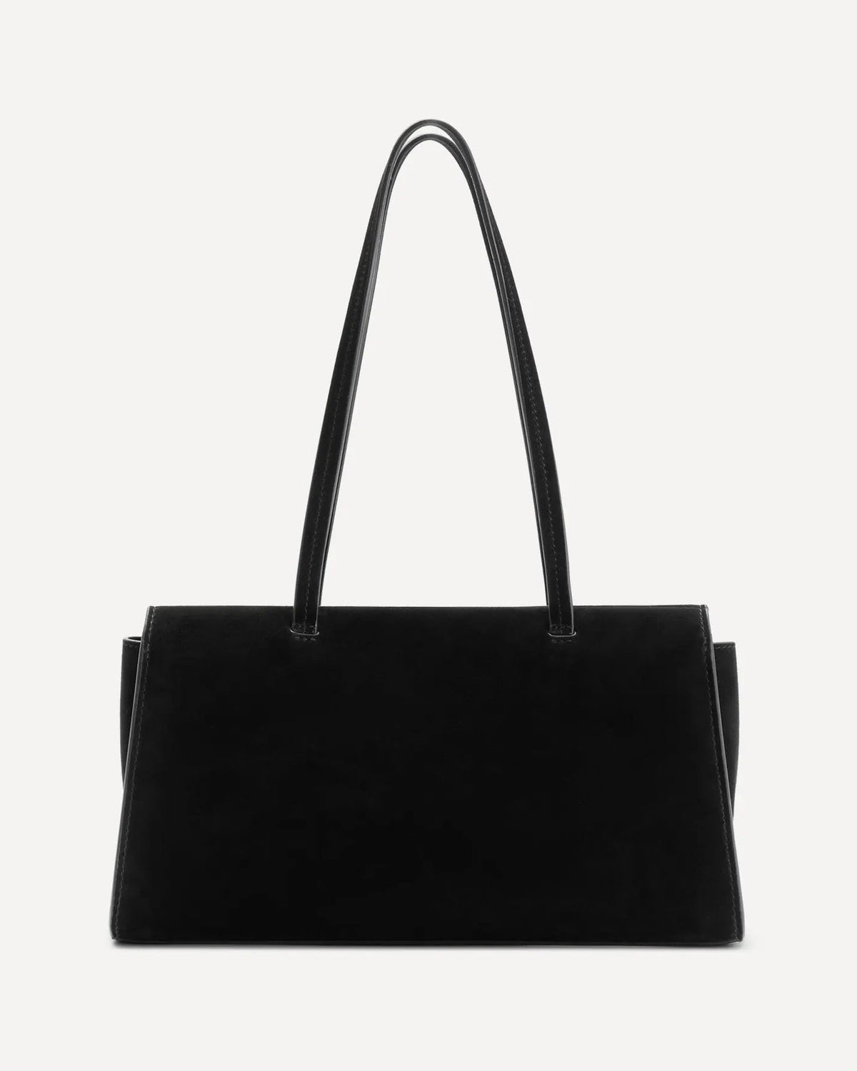 A black suede handbag with long thin straps
