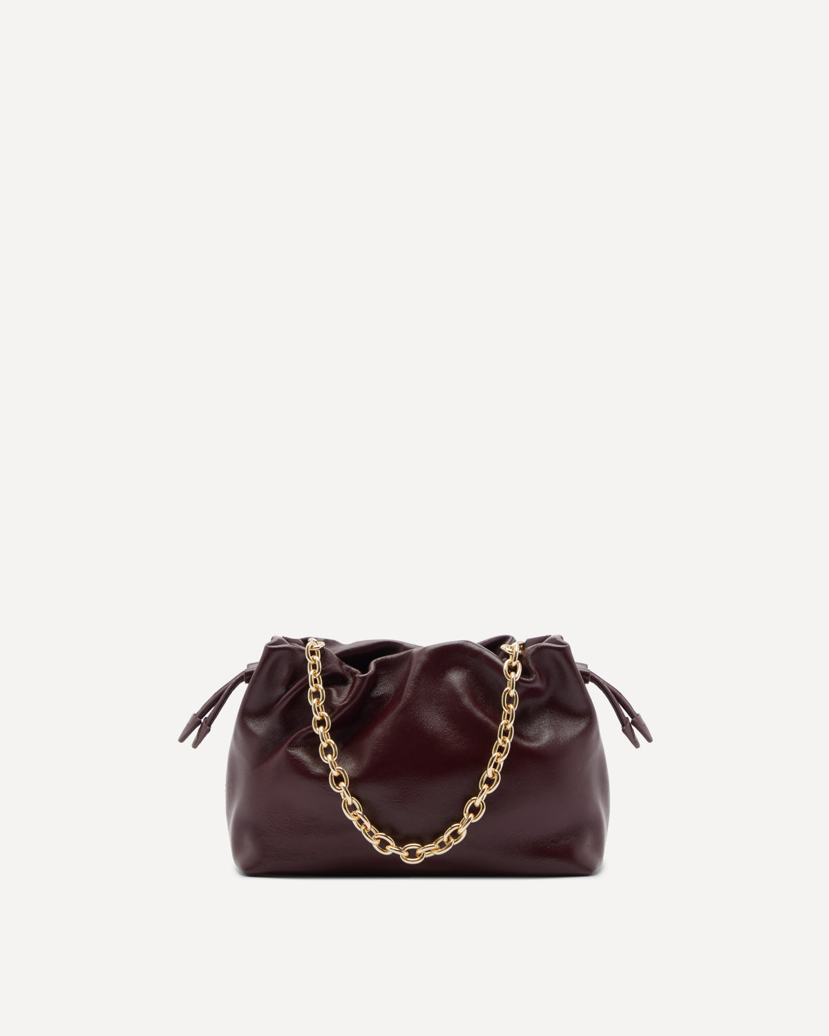 Brown handbag with a gold chain handle on a white background