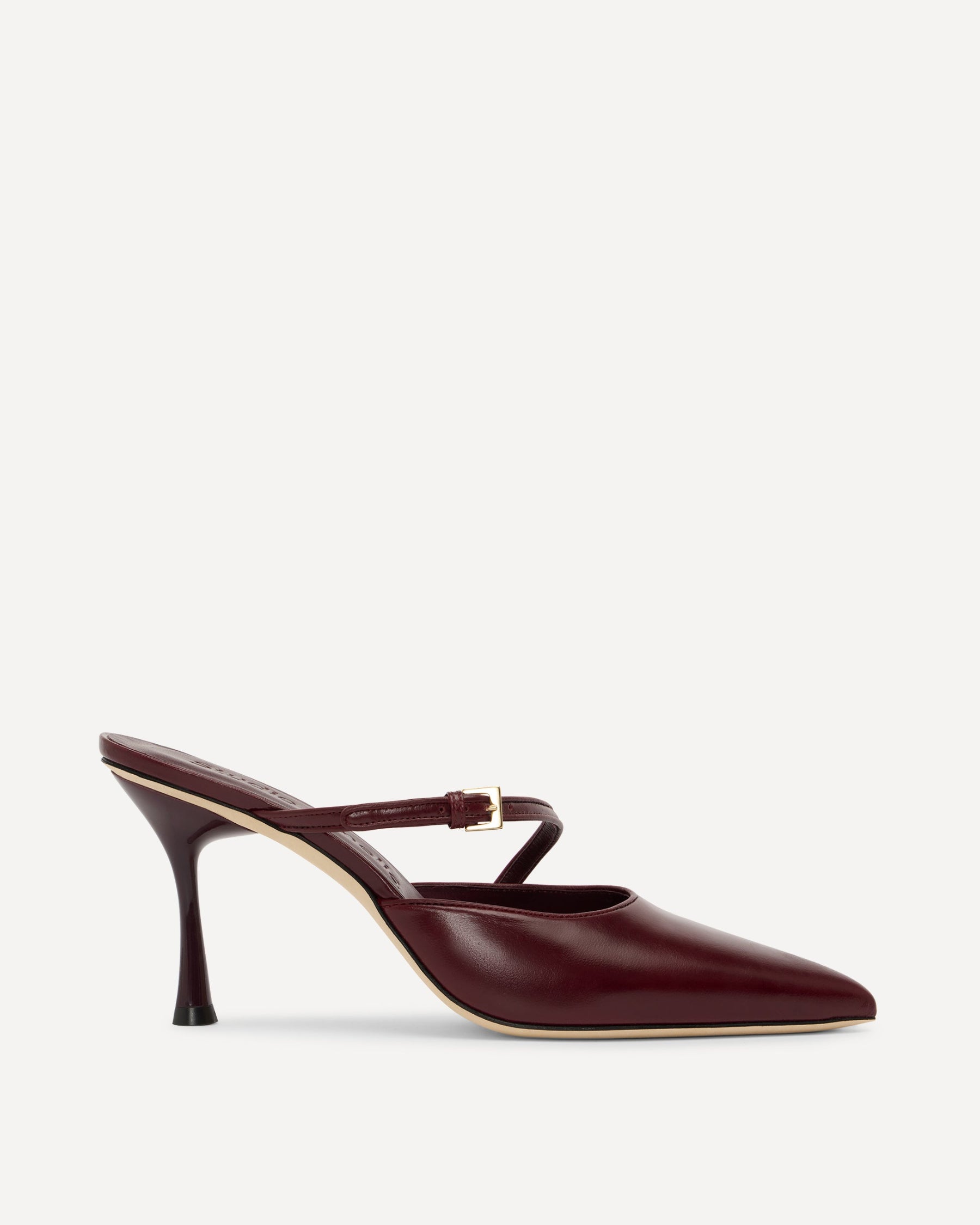 Burgundy high-heeled shoe on a white background
