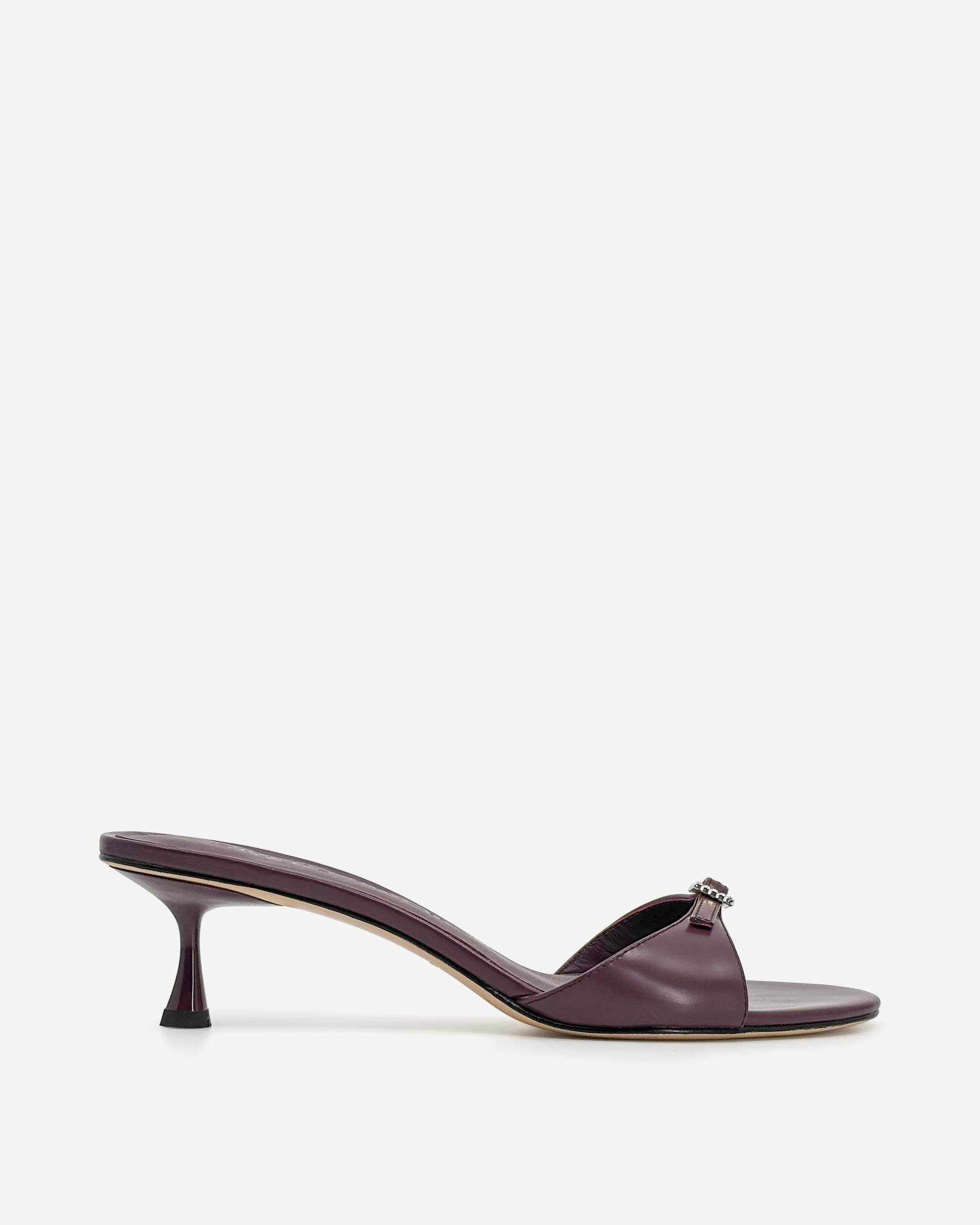 burgundy kitten heeled sandal on a white background