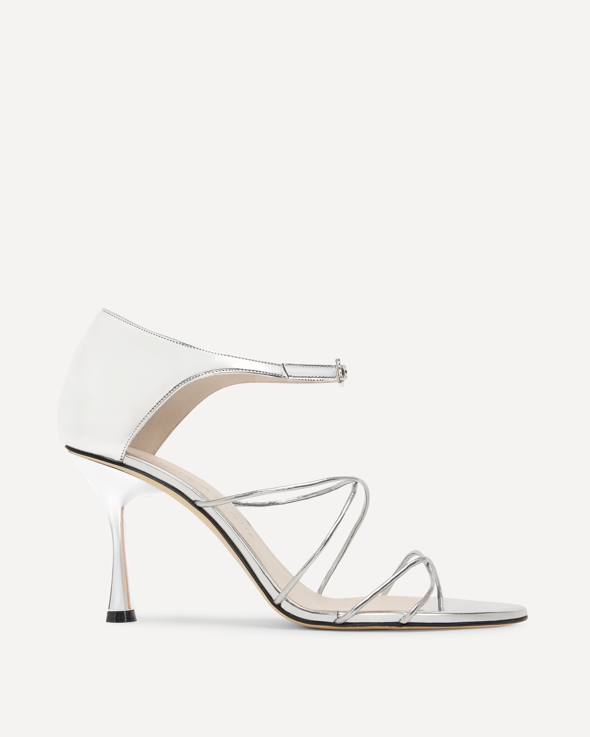 Silver high heeled shoe with straps