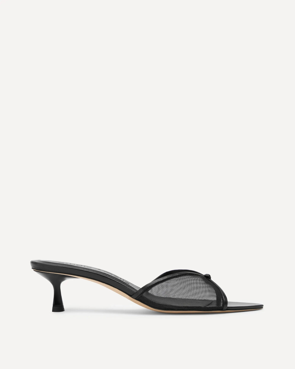 Black sandal with a high heel on a white background