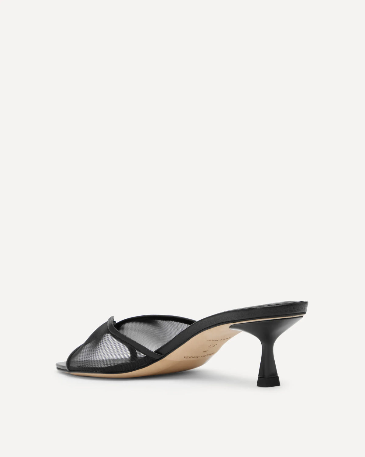 A single black strappy mule sandal with a kitten heel, shown from a side profile against a light gray background.