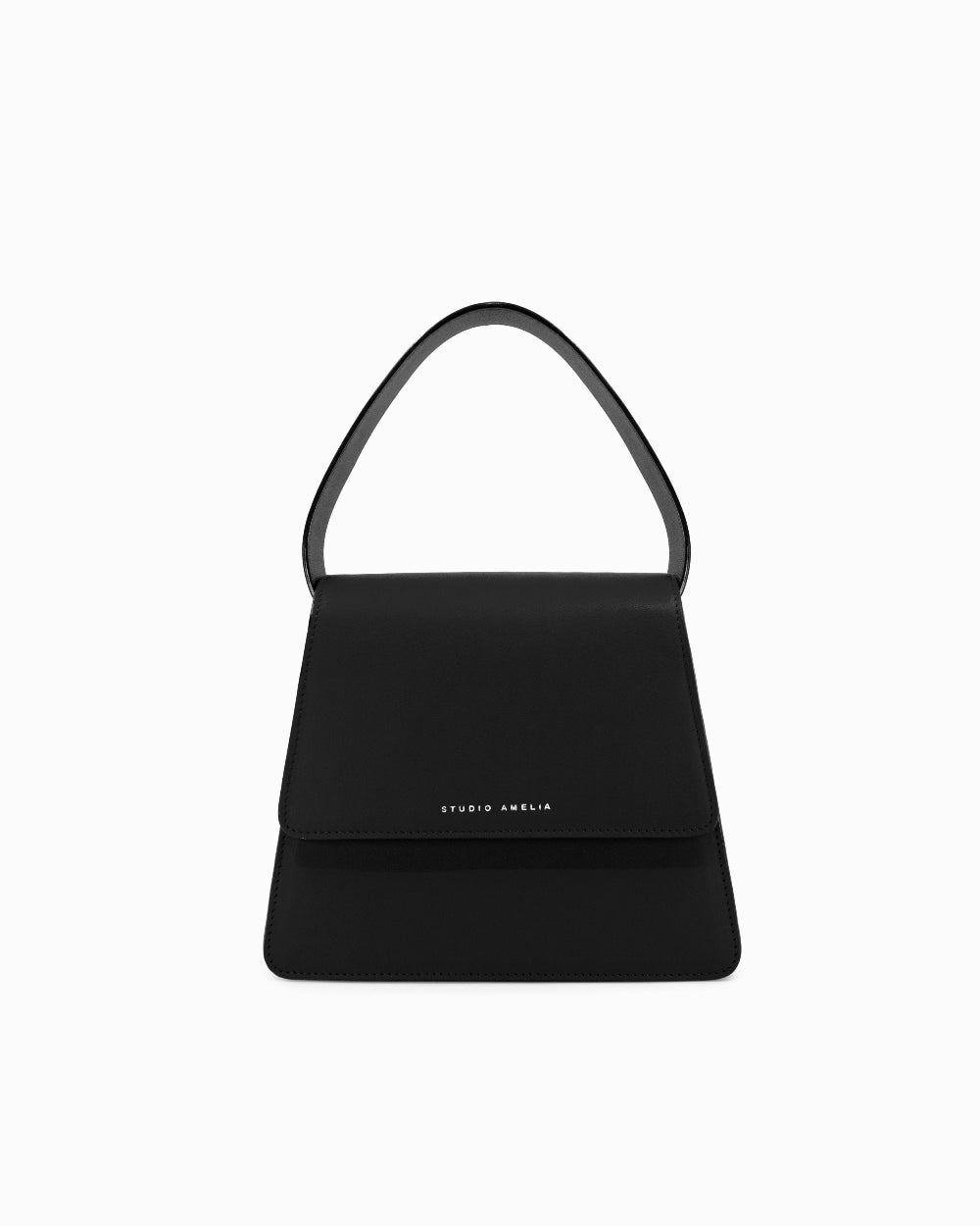 Black handbag with a minimalist design on a white background