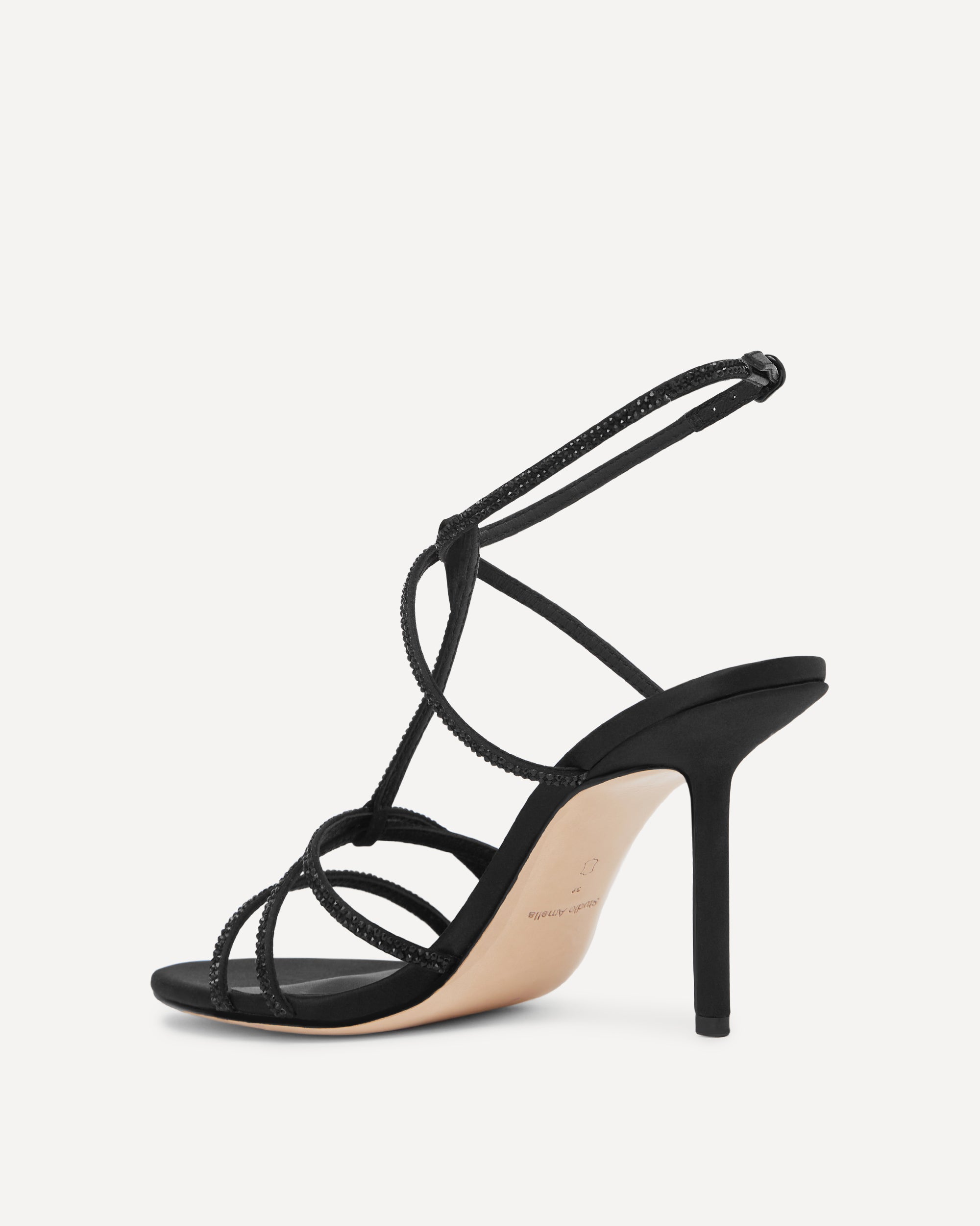 Black sandal with black diamante straps on a high heel