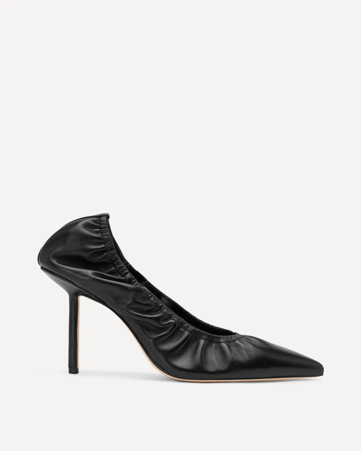 Black high-heeled shoe on a white background