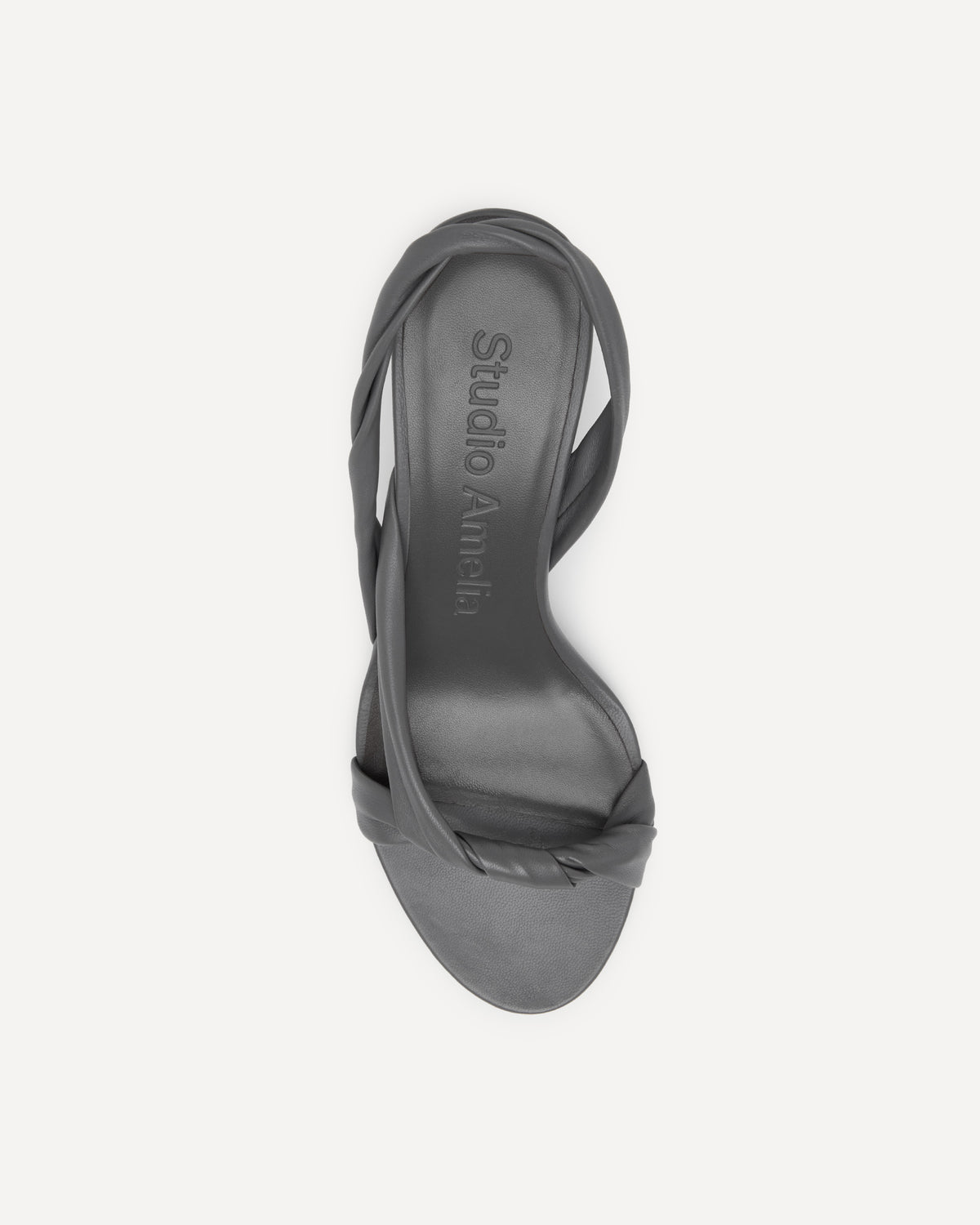 A dark grey leather strappy sandal