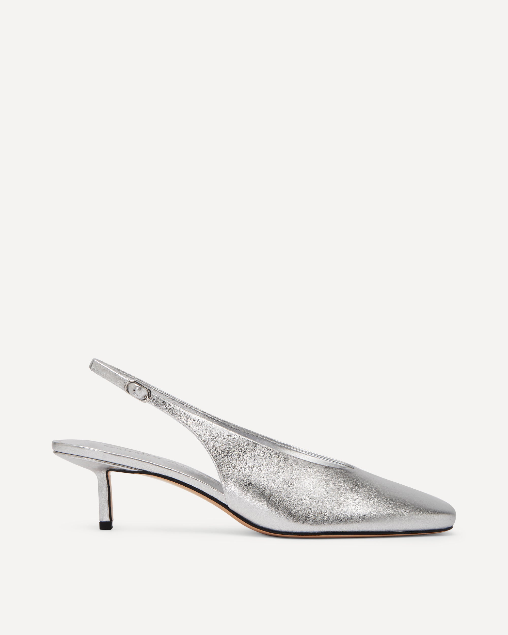 Silver metallic slingback pump on a white background