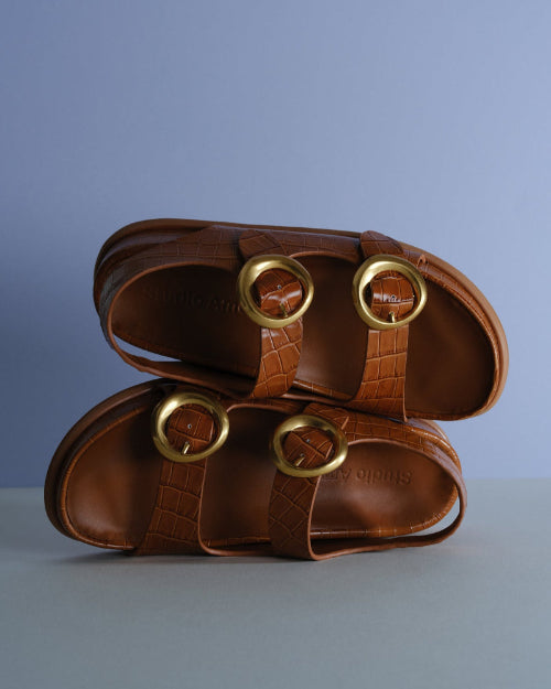 Allegra Chunky Flat Sandal | Tan Crocodile