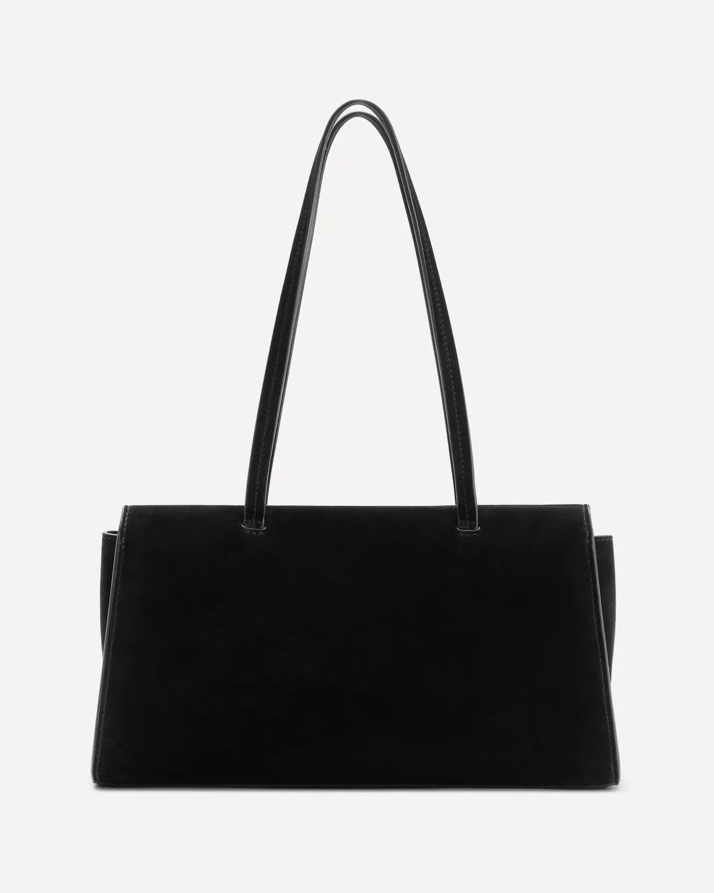 A black suede handbag with long thin straps