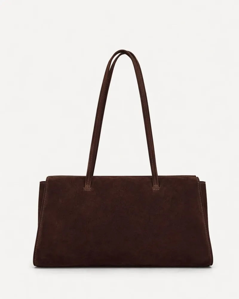 dark brown suede handbag with long thin handles