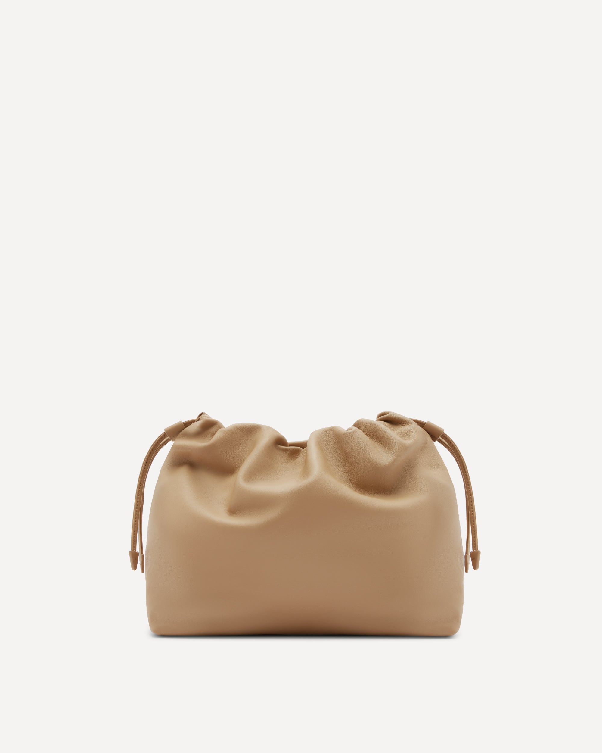 Beige drawstring pouch on a white background
