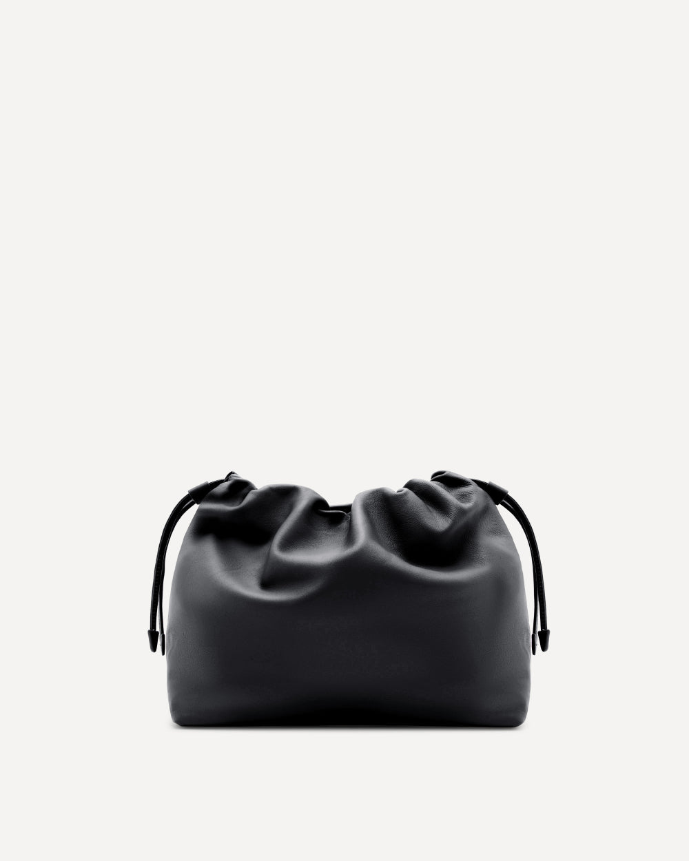 Black drawstring pouch on a light gray background