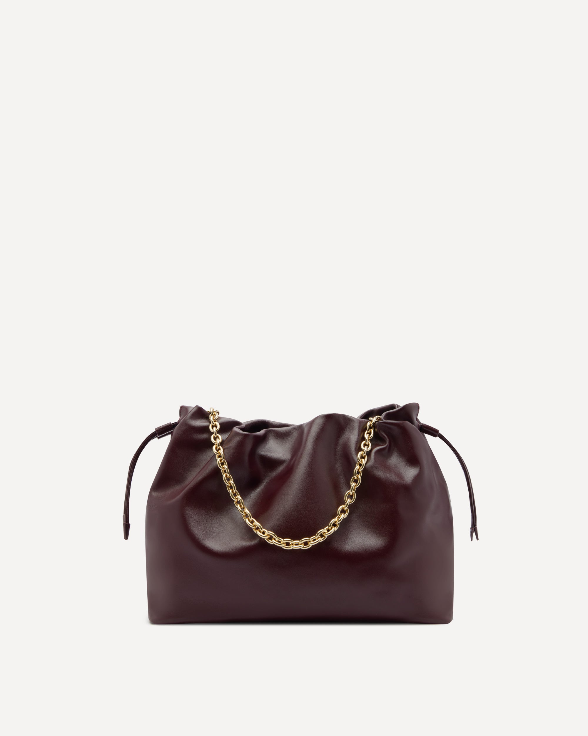 Brown leather handbag with gold chain