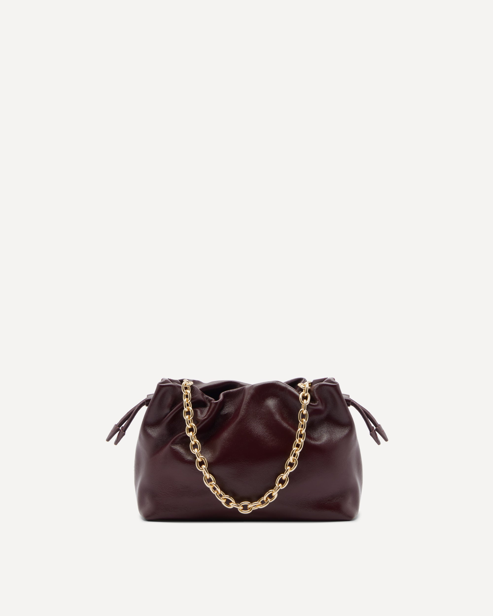 Brown handbag with a gold chain handle on a white background
