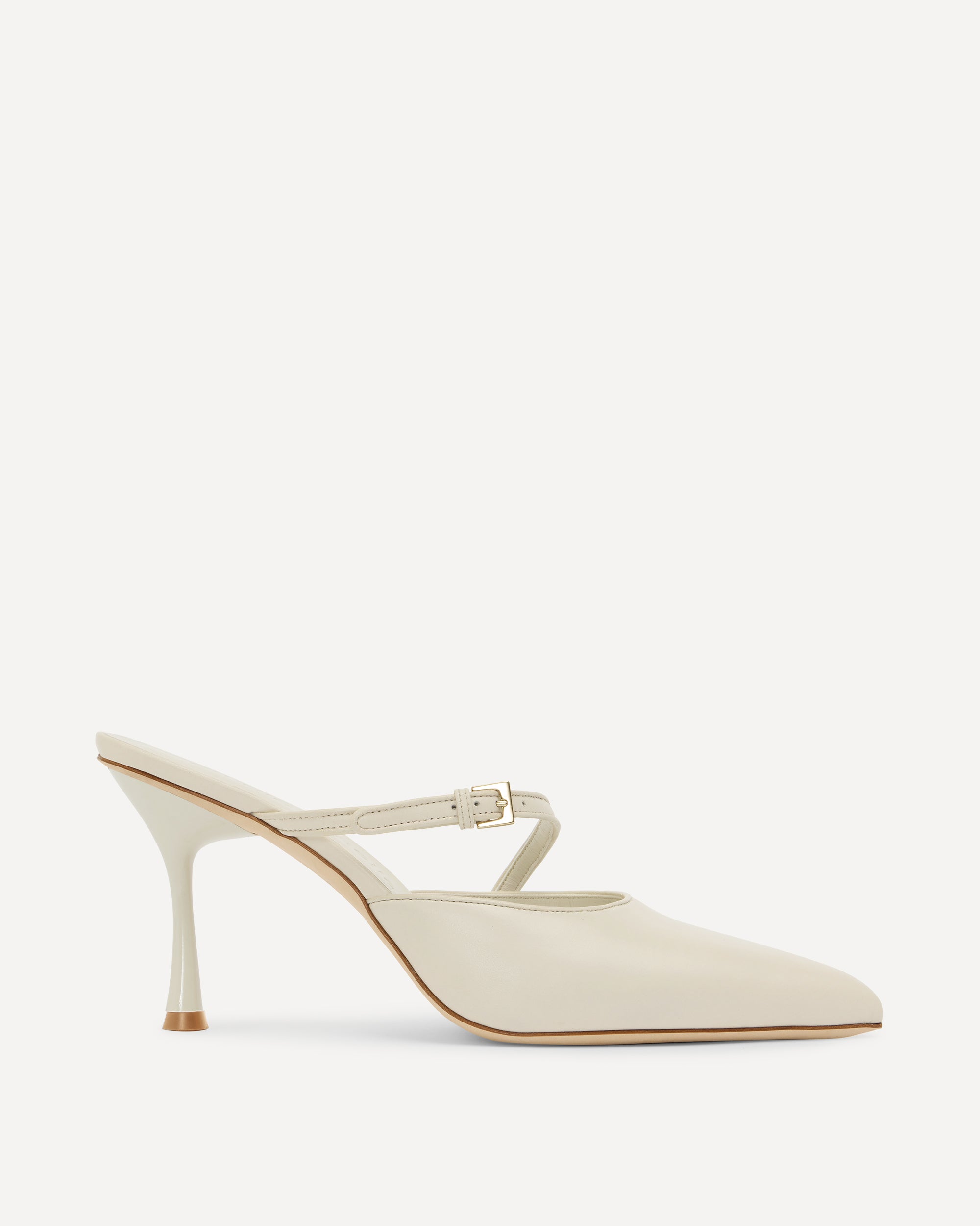 White high-heeled shoe with a thin strap on a white background