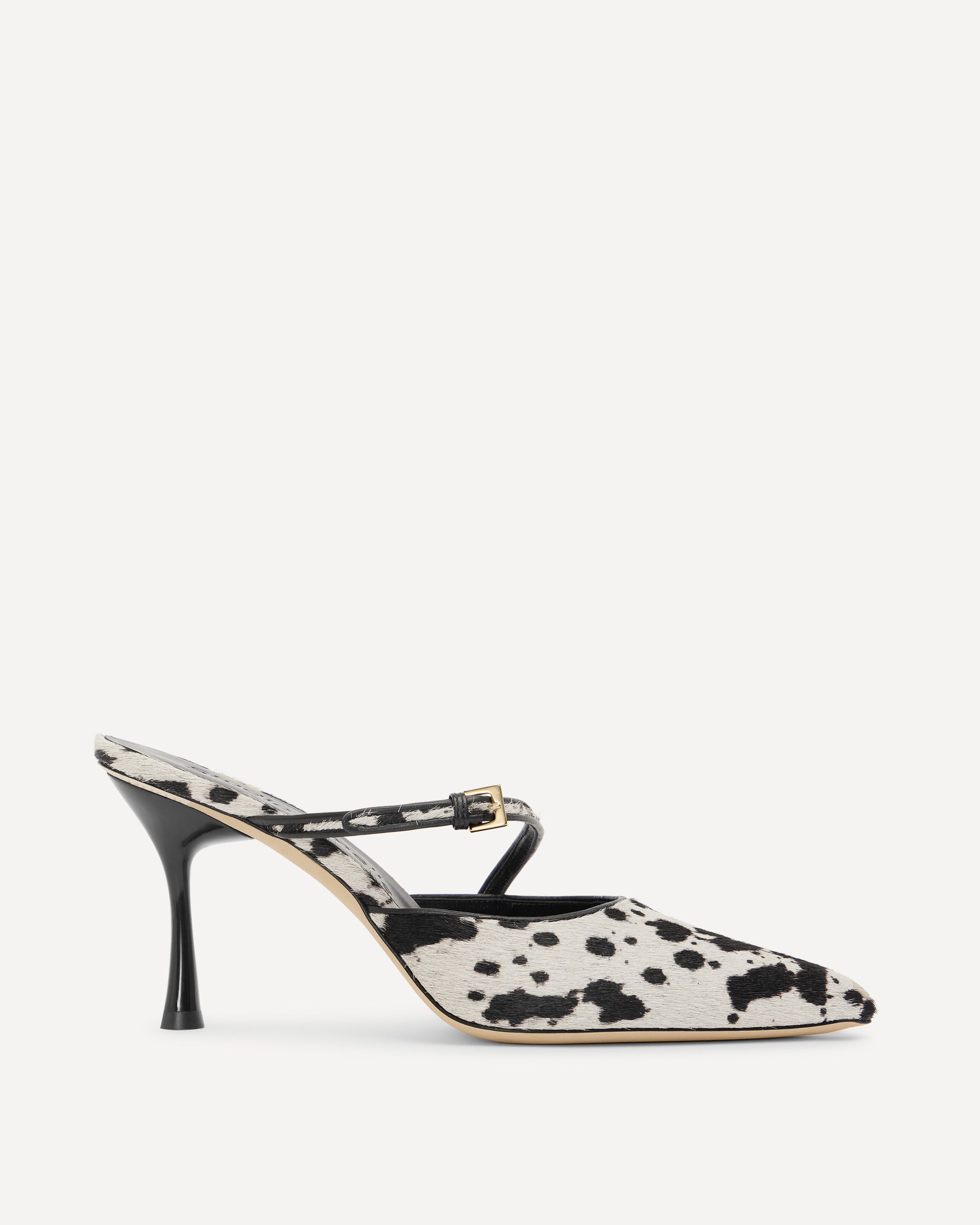 High heels with dalmatian print and gold buckle