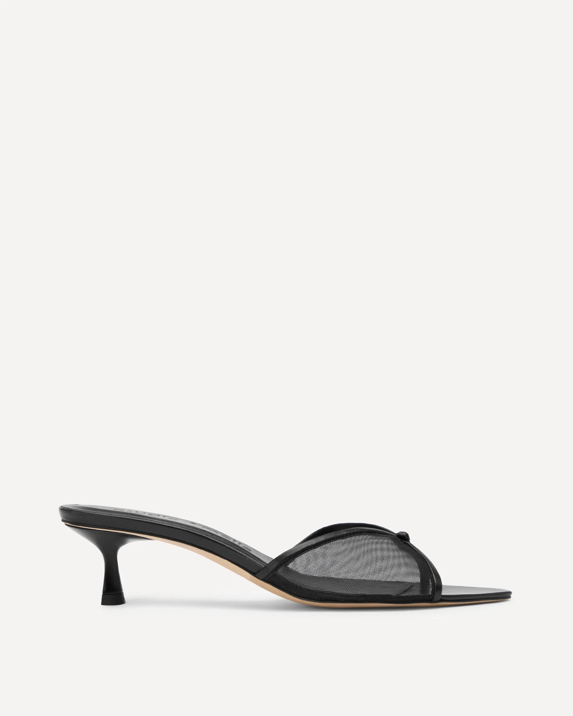 Black sandal with a high heel on a white background