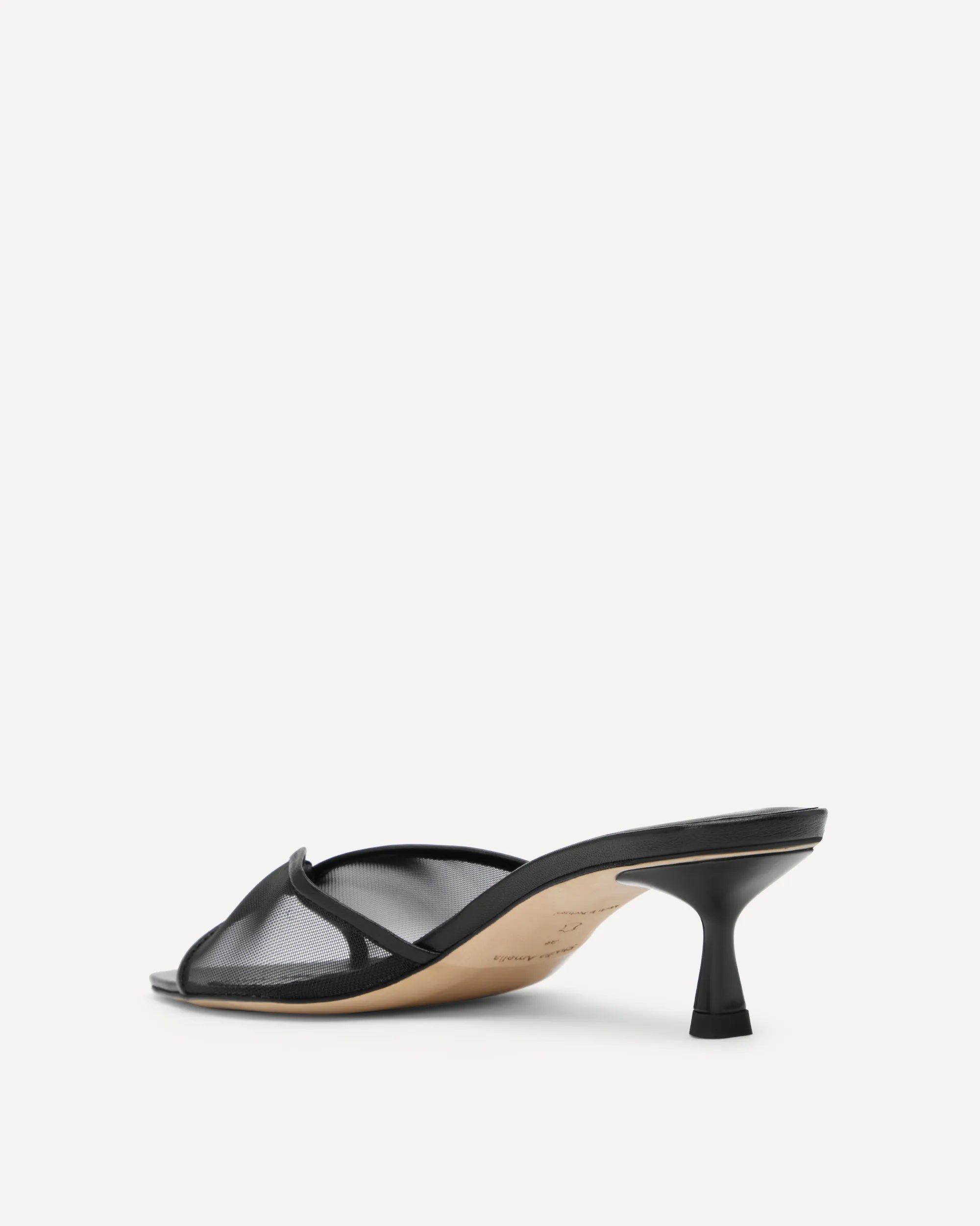 A single black strappy mule sandal with a kitten heel, shown from a side profile against a light gray background.