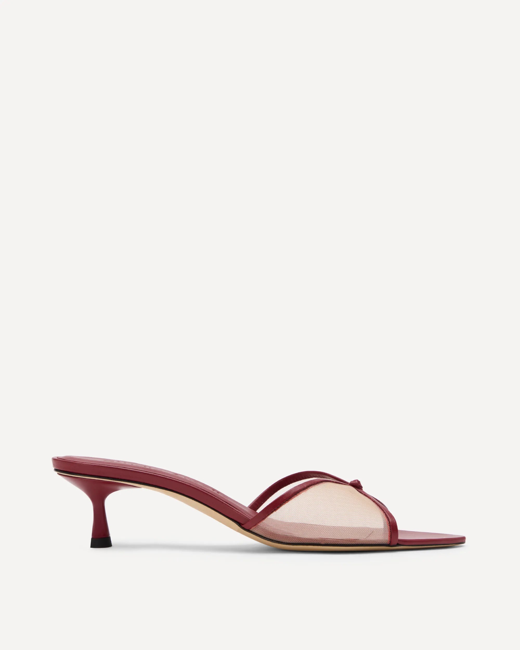 burgundy leather kitten mules with mesh upper