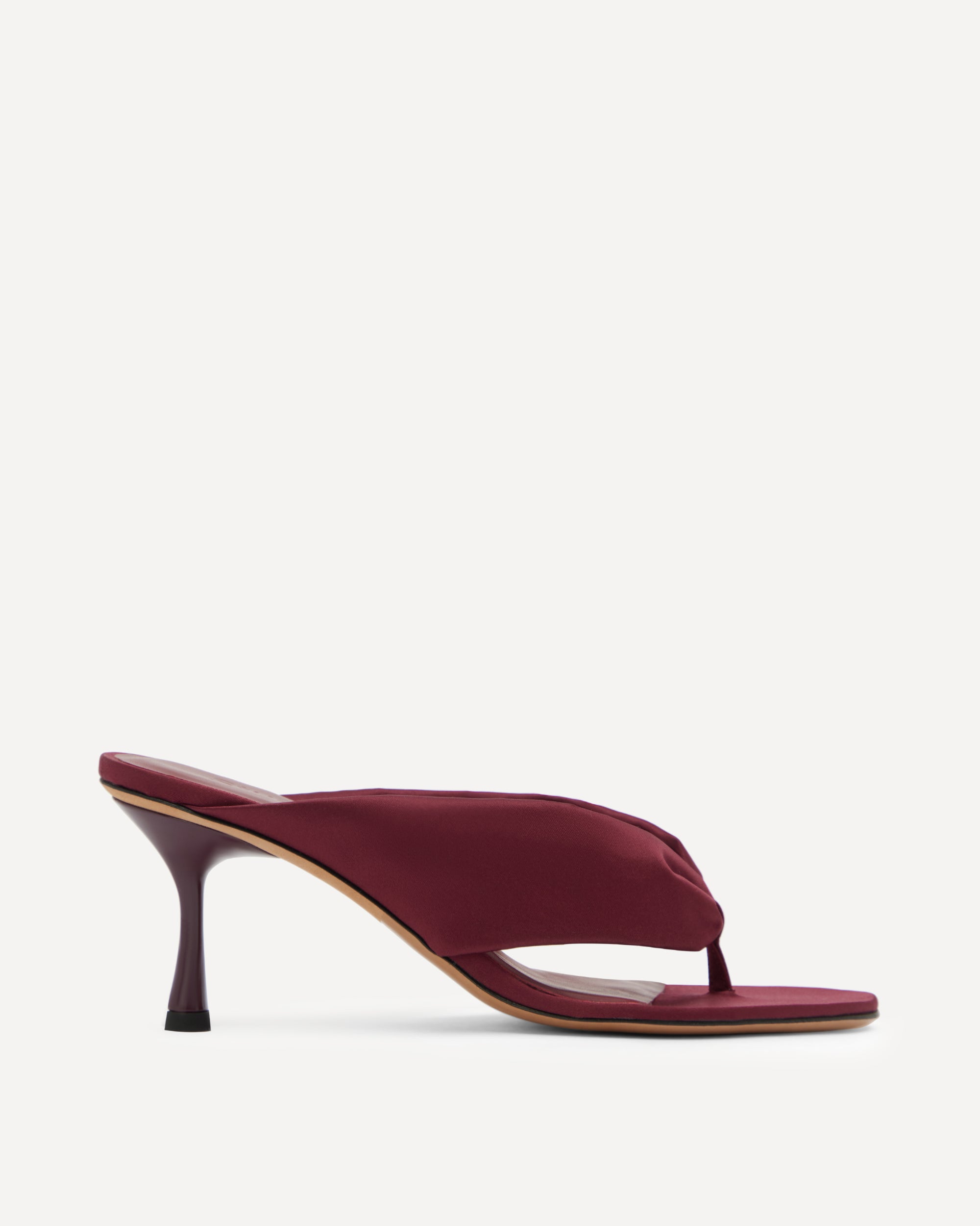 Maroon coloured silk flip flop sandal with medium heel