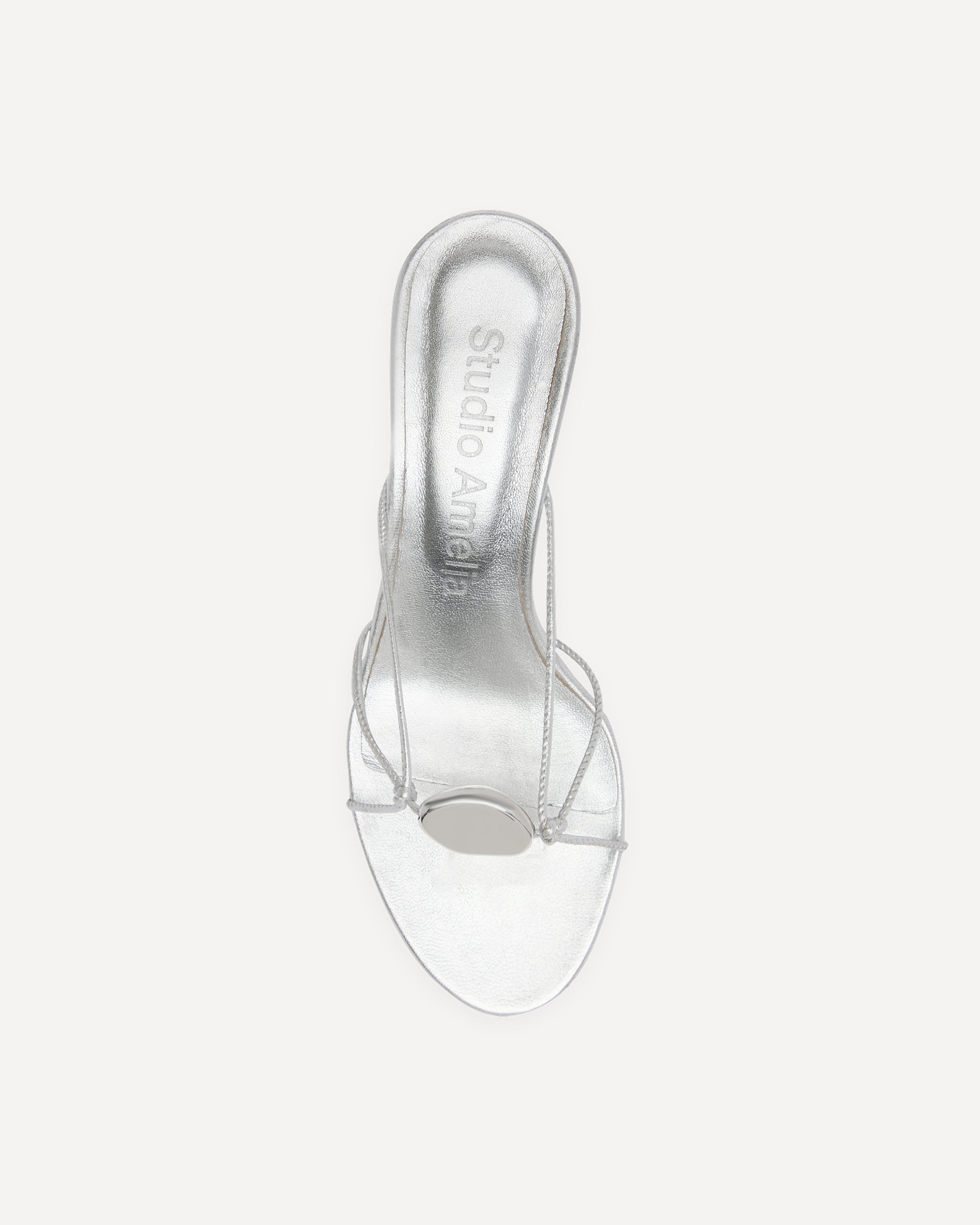 Silver leather sandal with a silver pebble