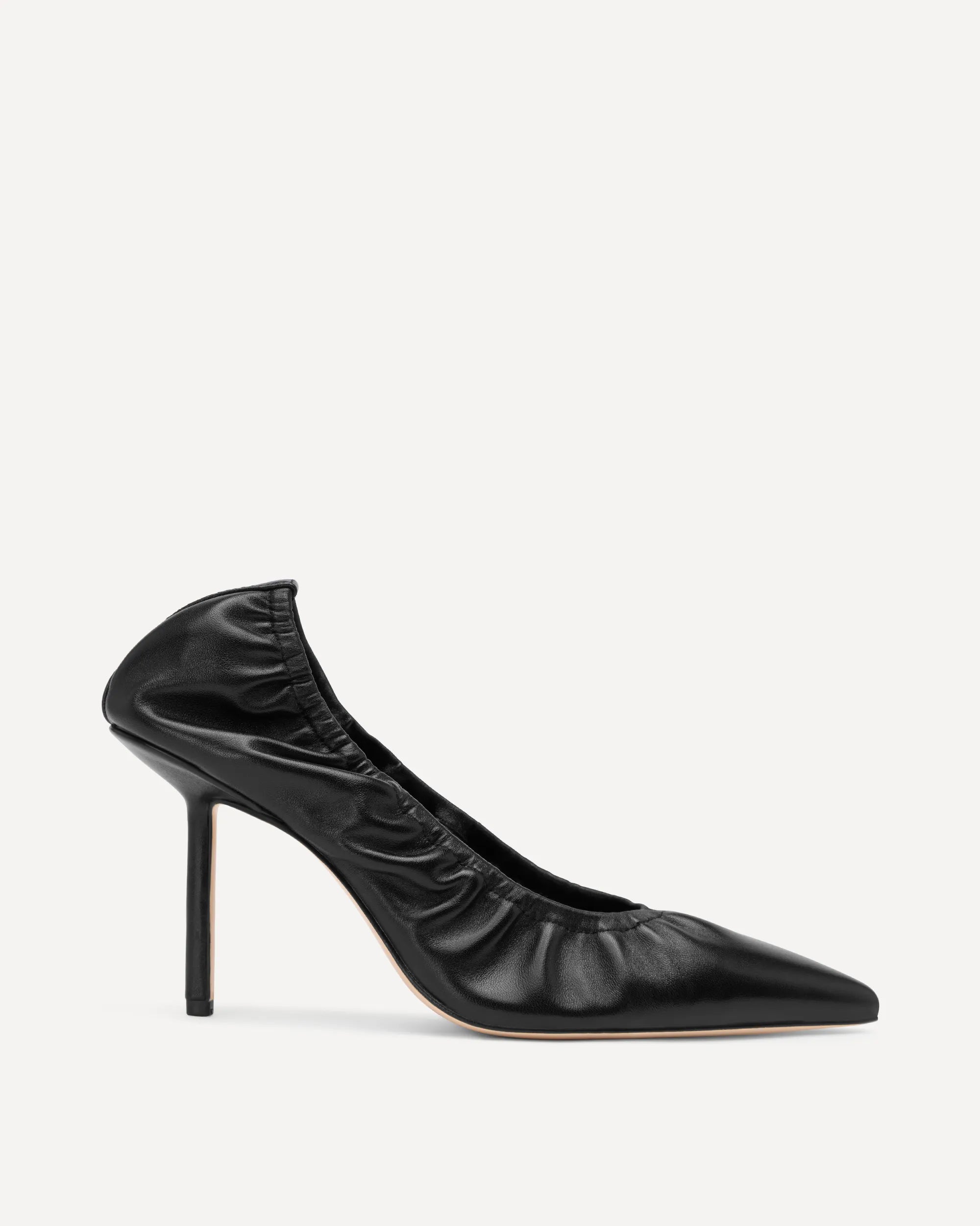 Black high-heeled shoe on a white background