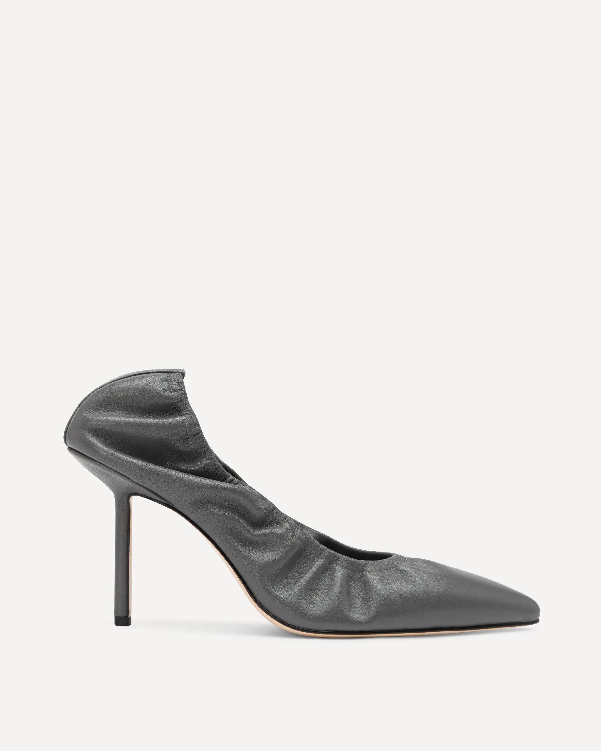 Gray high-heeled shoe on a white background