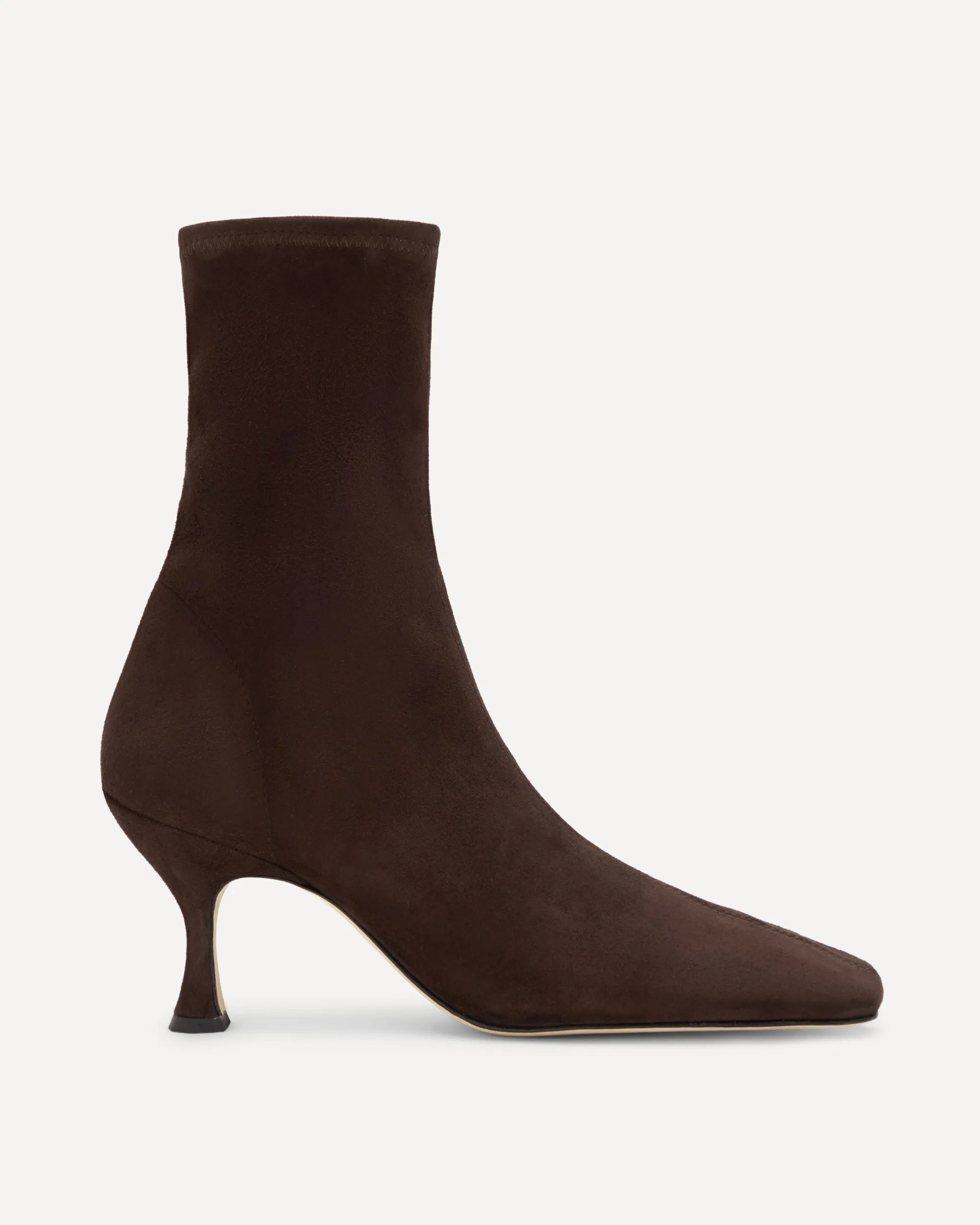 Dark chocolate suede boot with slight heel