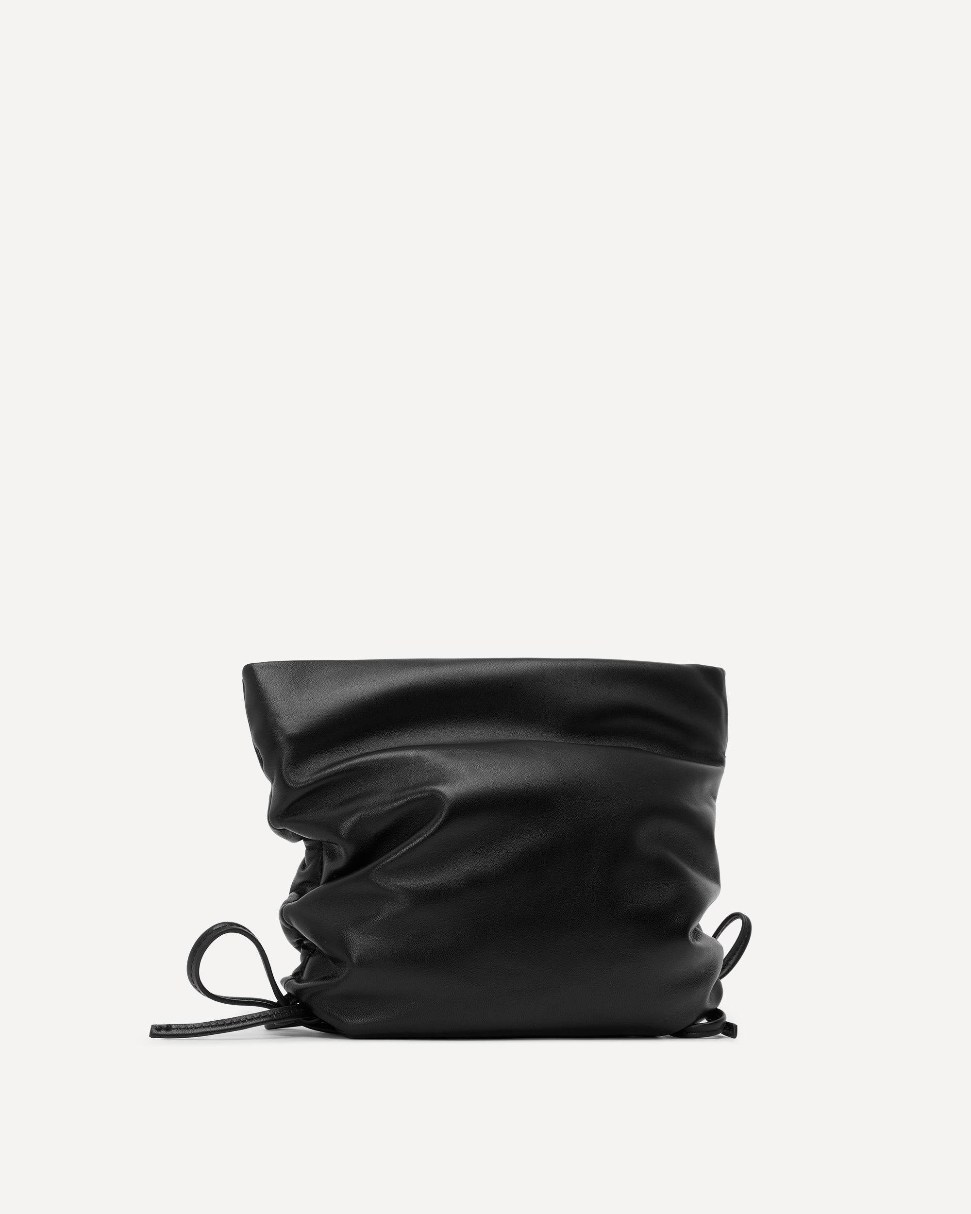 Black drawstring bag on a white background