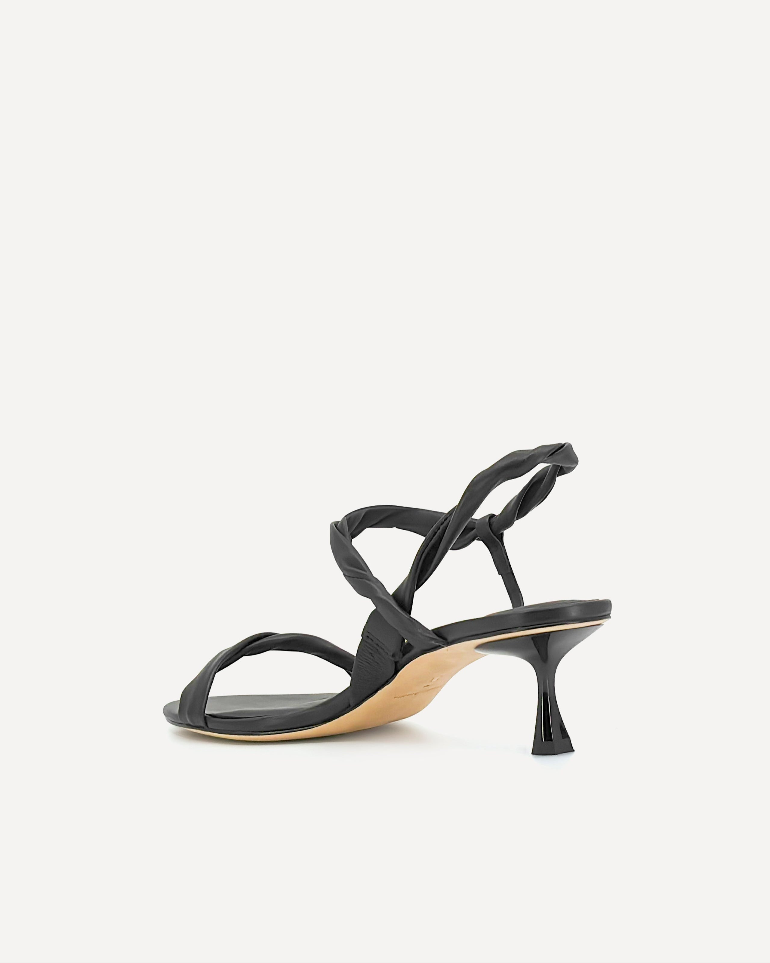 A black strappy leather kitten heel shoe