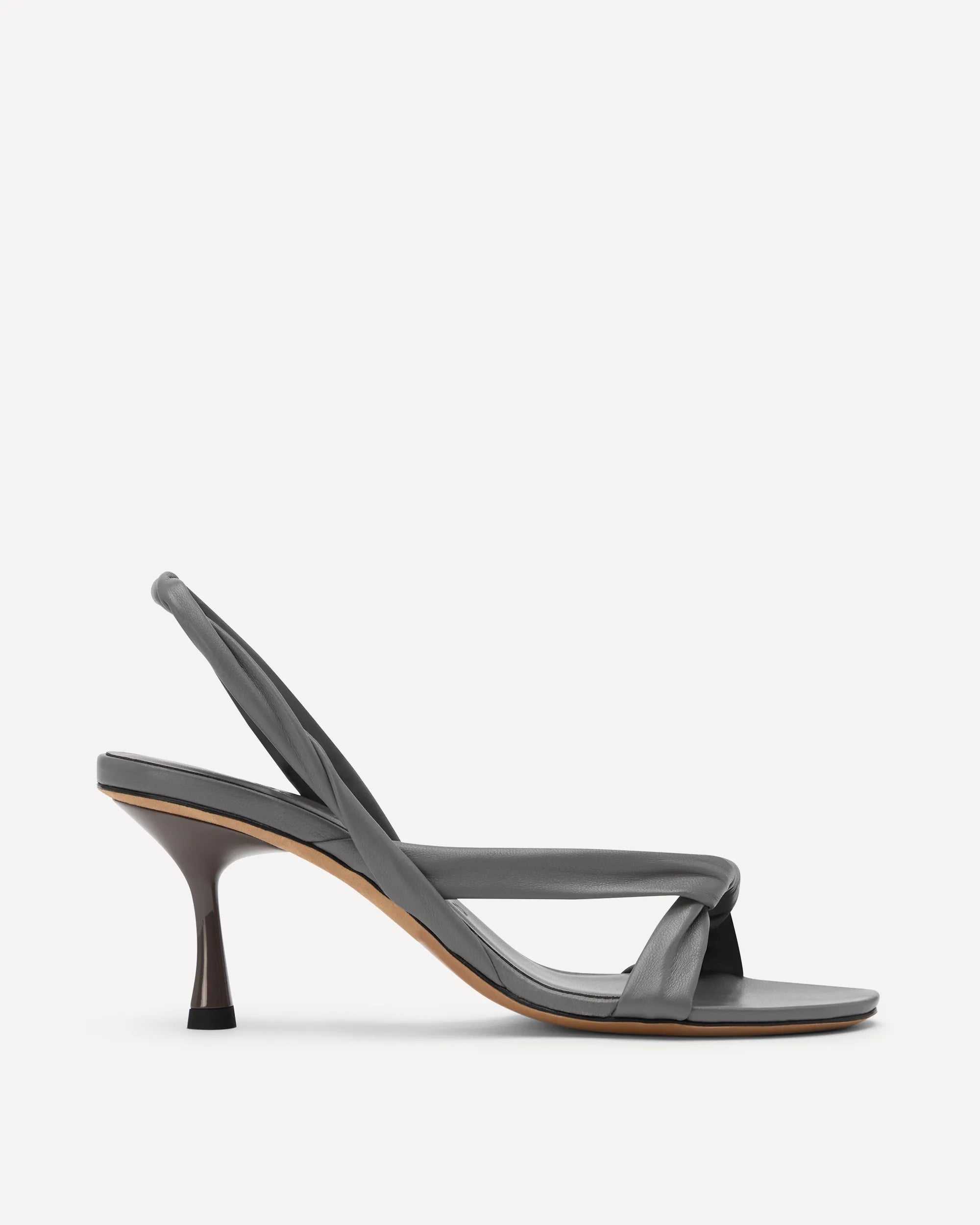 Gray high-heeled sandal on a white background
