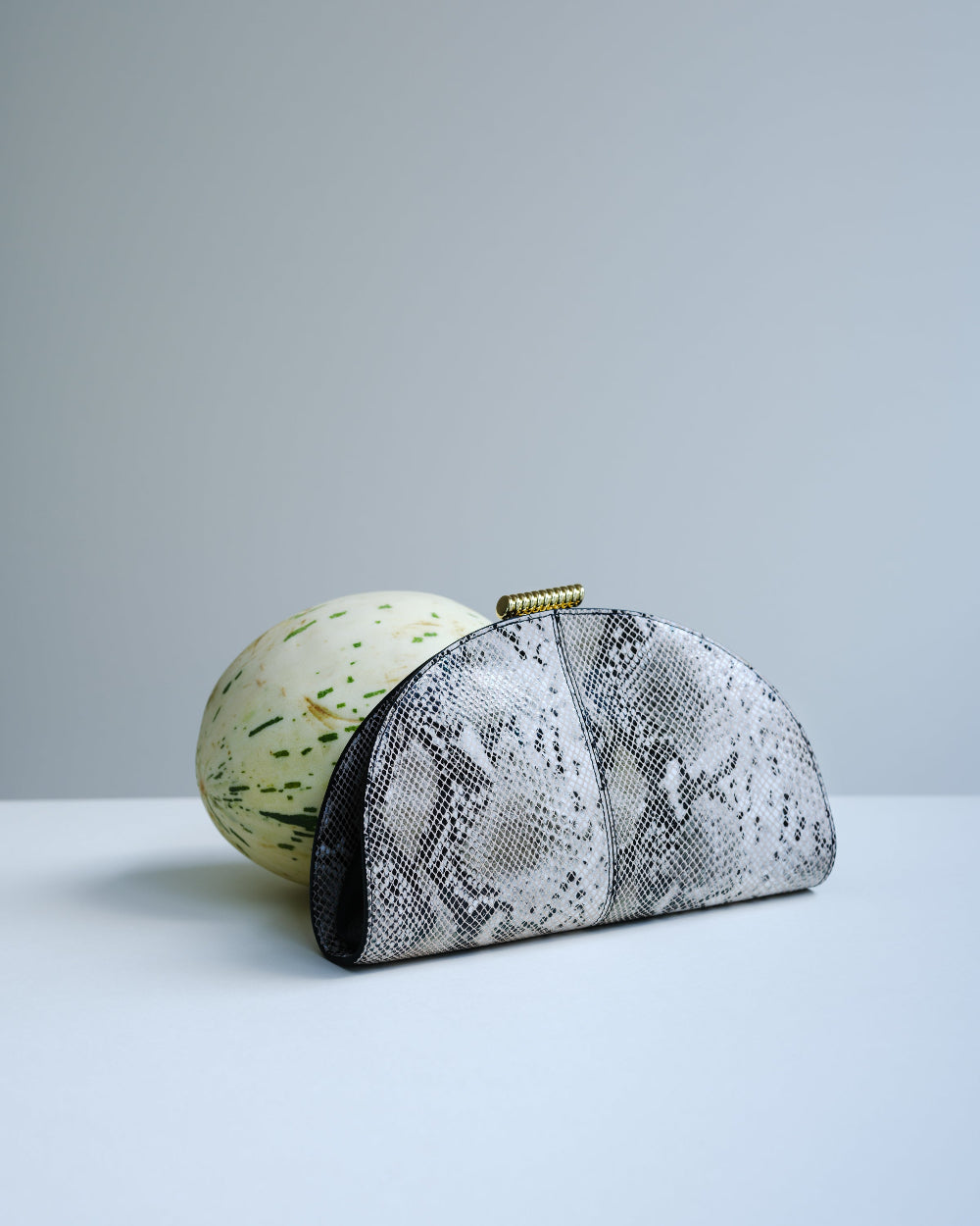Snakeskin patterned clutch bag on a light gray background