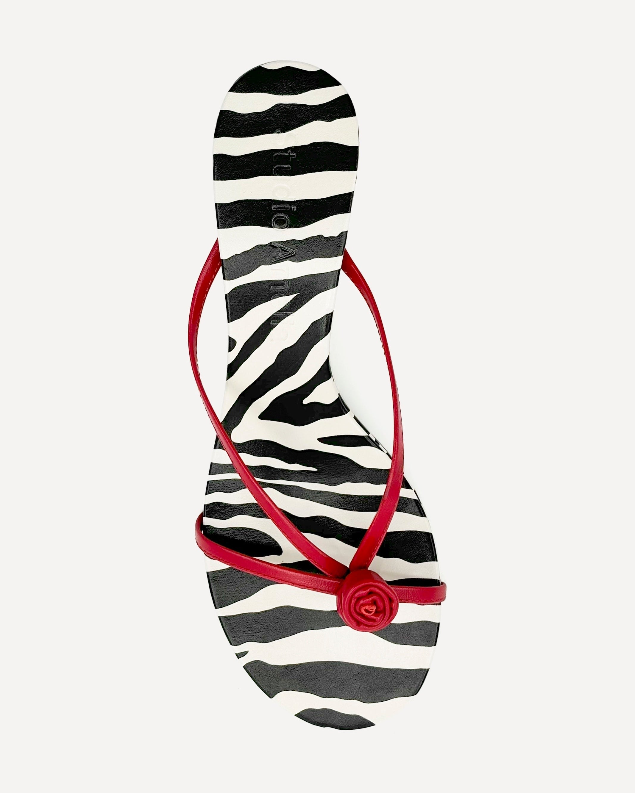 A red kitten heel leather sandal