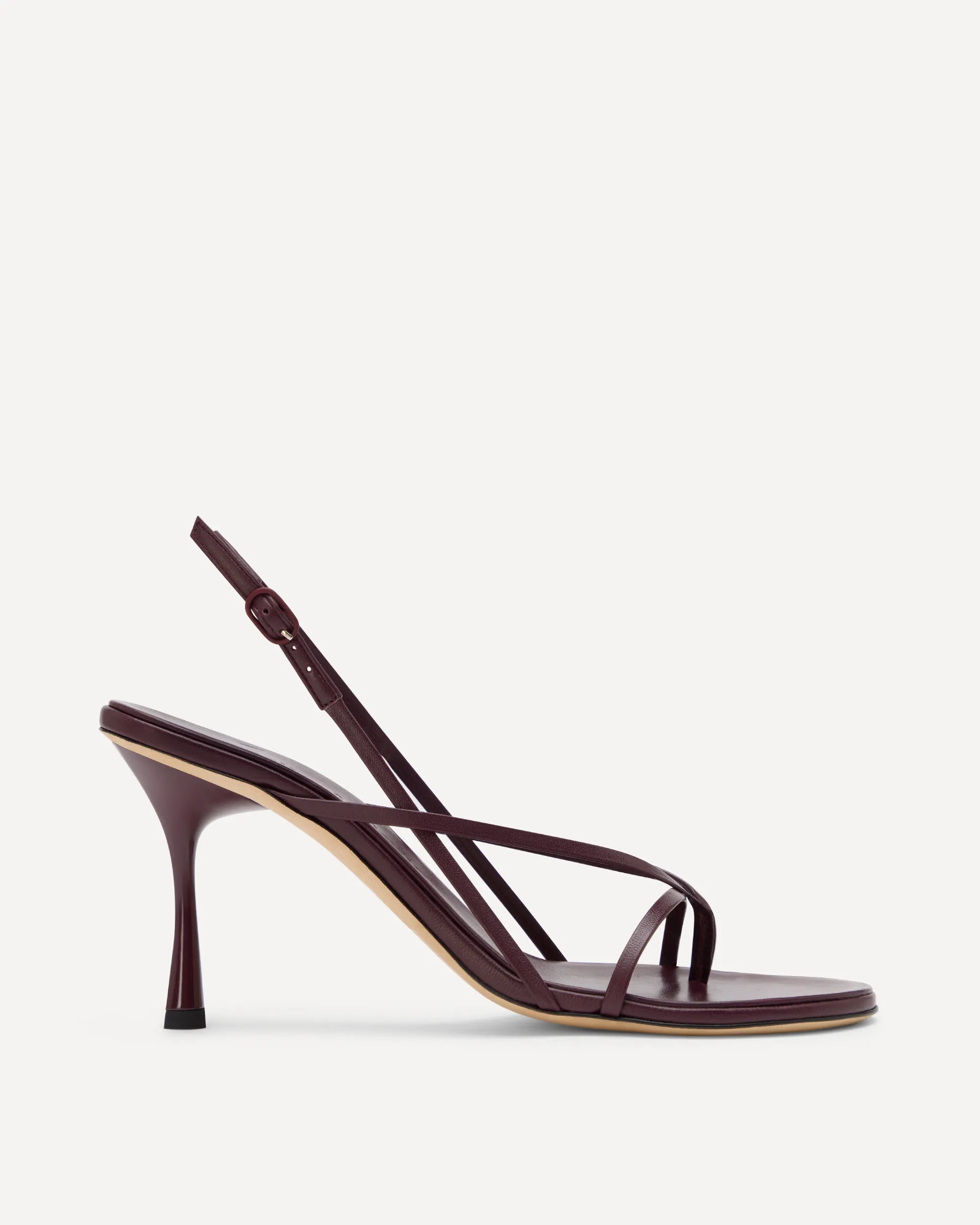 Burgundy high-heeled sandal on a white background